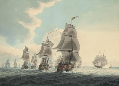 Eskadra Marynarki Królewskiej płynąca kanałem (ołówek, długopis, czarny tusz i akwarela na papierze) autorstwa Samuel (attr. to) Atkins