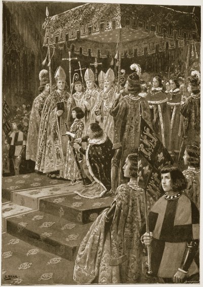 Wręczenie ostróg i miecza podczas koronacji Henryka VI w dzień św. Leonarda, 6 listopada 1429 r., z "The Illustrated London News", 1902 r. autorstwa Samuel Begg
