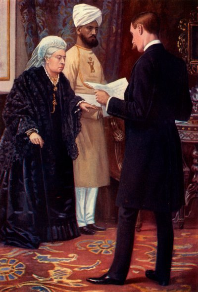 „Królowa słuchająca depeszy z frontu”, 1900. autorstwa Samuel Begg