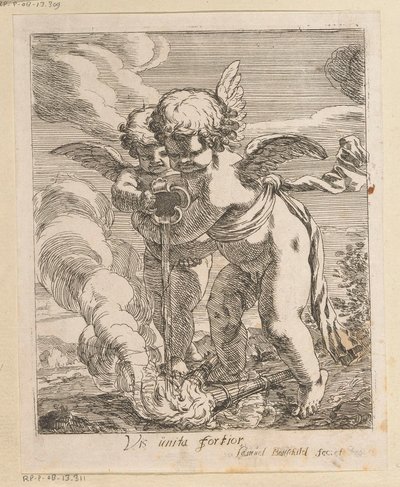 Dwie pochodnie gaszące putti Vis unita fortior (tytuł na obiekcie) Różne projekty (tytuł serii) Opera Varia Historica, Poetica & Iconologica (tytuł serii) autorstwa Samuel Bottschild