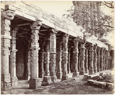 Kolumnada spotkała ornamenten aan de basis van de Qutb Minar w Delhi Kolumnada Filarów Hinduskich, w Kútubie, East Side (oryginalny tytuł na obiekcie) autorstwa Samuel Bourne (signed by artist)