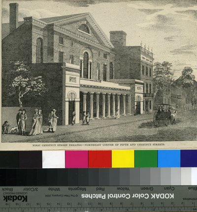 Pierwszy Chestnut Street Theatre , północno-wschodni róg ulic Piątej i Kasztanowej , c.1820 (drzeworyt) autorstwa Samuel Castner