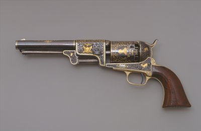Colt Third Model Dragoon Percussion Revolver, ok.1853 (stal, mosiądz, złoto i drewno orzechowe) autorstwa Samuel Colt