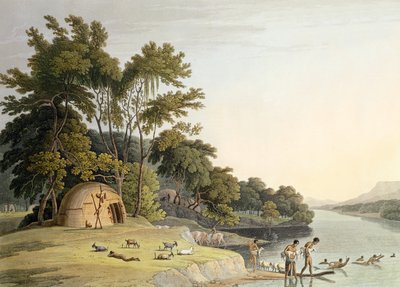 Wioska Korah Hottentot na lewym brzegu rzeki Orange, tablica 1 z „Afrykańska sceneria i zwierzęta”, rytowany przez artystę, 1804 (akwatinta) autorstwa Samuel Daniell