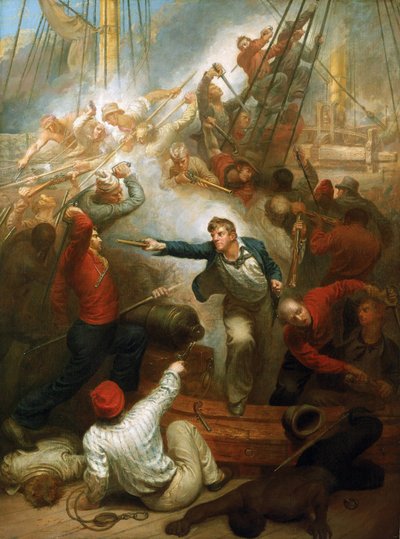 Kapitan William Rogers zdobył statek handlowy "Le Jeune Richard" 1 października. autorstwa Samuel Drummond