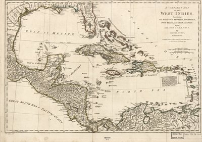 Kompletna mapa Indii Zachodnich zawierająca wybrzeża Florydy, Luizjany, Nowej Hiszpanii i Terra Firma: Ze wszystkimi wyspami. autorstwa Samuel Dunn