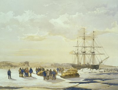 Impreza saneczkowa opuszczająca H.M.S. Investigator in Mercy Bay, 15 kwietnia 1853, rycina E. Walker, wyd. Ackermann und Co., 1854 autorstwa Samuel Gurney Cresswell