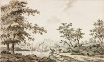 Rzeka z żaglówkami i koniem i wozem (atrament (czarny) i akwarela na papierze) autorstwa Samuel Henry Alken