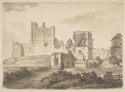 Widok zamku Prudhoe w parafii Ovingham wykonany tuszem indyjskim (tusz indyjski na papierze) autorstwa Samuel Hieronymous Grimm
