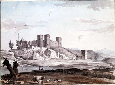 Zamek Rhuddlan z mostu autorstwa Samuel Hieronymous Grimm