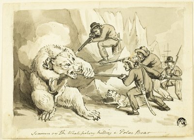 Marynarze na łowisku wielorybów zabijają niedźwiedzia polarnego (recto); Powłoka (verso) autorstwa Samuel Howett