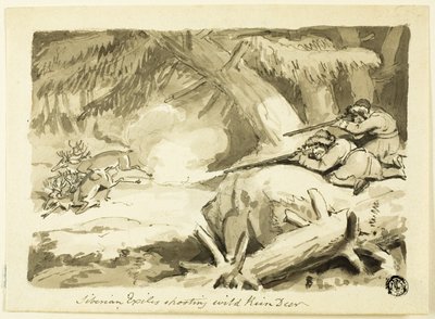 Wygnańcy syberyjscy strzelający do dzikich reniferów (rekto); Powłoka (verso) autorstwa Samuel Howett