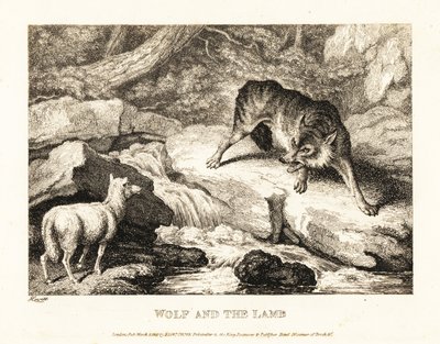 Wilk próbujący usprawiedliwić zabicie baranka w pobliżu rzeki. 1811 (akwaforta) autorstwa Samuel Howitt