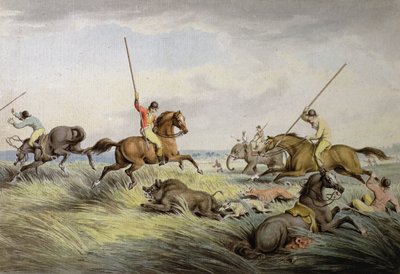 The Hog Chase – The Kill, z „Kolekcji brytyjskich nadruków sportowych Orme”, 1822 r. autorstwa Samuel Howitt