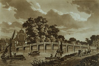 Hampton Court Bridge, ilustracja z „Malowniczych widoków na Tamizę”, wyd. 1799 (akwaforta, akwatinta) autorstwa Samuel Ireland