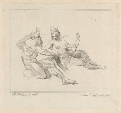 Trzy akwaforty ułożone na jednym arkuszu: Dwie postacie mitologiczne autorstwa Samuel Ireland