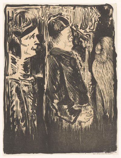 Fantazja: po lewej dwie postacie w kapeluszach po prawej stronie, po prawej zarysowany wygląd z upierzeniem autorstwa Samuel Jessurun de Mesquita (signed by artist)