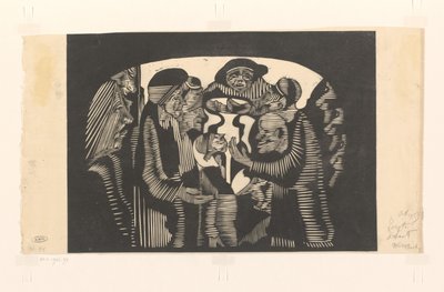 Grupa figur w łuku Wizjonerska wyobraźnia: grupa postaci, zamknięta w kształcie łuku, u góry pośrodku frontalny mężczyzna w kapeluszu autorstwa Samuel Jessurun de Mesquita (signed by artist)