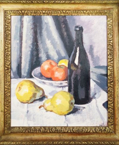 Jabłka, gruszki i czarna butelka na drapowanym stole, ok. 1928 autorstwa Samuel John Peploe