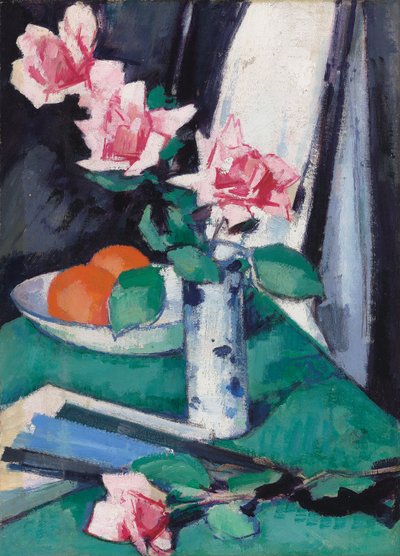 Martwa natura z różowymi różami i pomarańczami w niebiesko-białym wazonie, autorstwa Samuel John Peploe