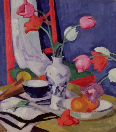 Tulipany i owoce, ok. 1919 (olej na płótnie) autorstwa Samuel John Peploe