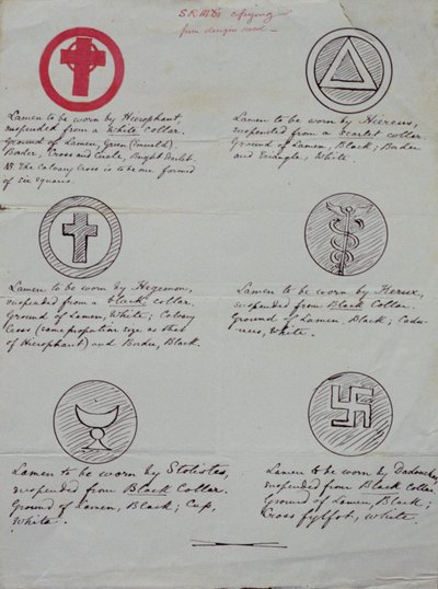 Projekty lamenów (biżuterii kołnierzyków) dla różnych funkcjonariuszy Świątyni Złotego Brzasku, 1888 (tusz na papierze) autorstwa Samuel Liddell MacGregor Mathers