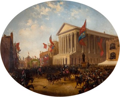 Książę Cambridge opuszcza ratusz, Birmingham, 1857. autorstwa Samuel Lines