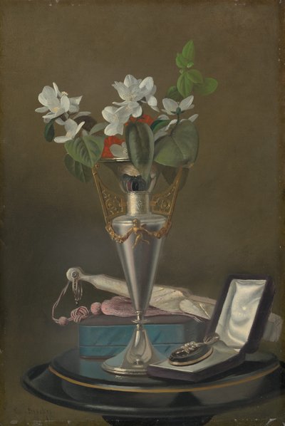 Martwa natura z wachlarzem i wisiorkiem 18651875. autorstwa Samuel Marsdon Brookes