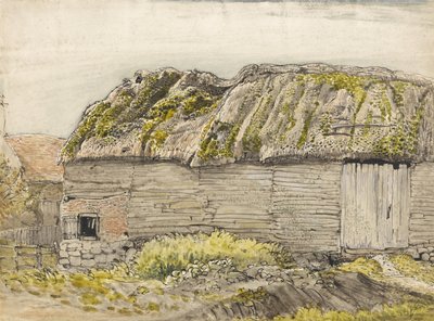 Stodoła z omszałym dachem, Shoreham (akwarela z brązowym washem, tuszem, gwaszem i ołówkiem na papierze) autorstwa Samuel Palmer