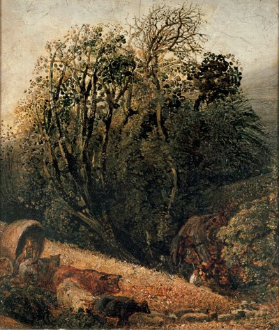 Pole kukurydzy otoczone drzewami, c1833-1834 autorstwa Samuel Palmer