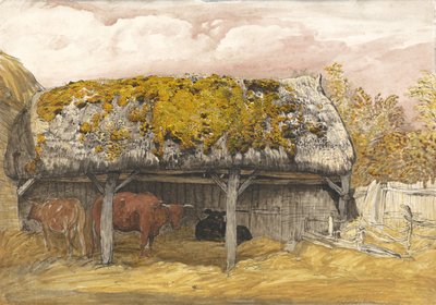 Domek dla krów z omszałym dachem, ok. 1829 (pióro i atrament z akwarelą i gwaszem na papierze) autorstwa Samuel Palmer