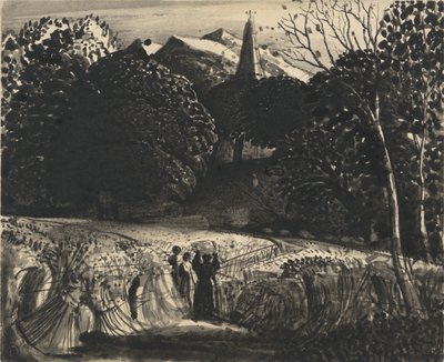 Cornfield and Church by Moonlight (pędzel i czarny tusz na papierze) autorstwa Samuel Palmer