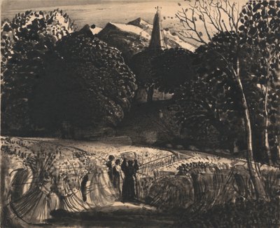 Pole kukurydzy i kościół przy świetle księżyca autorstwa Samuel Palmer