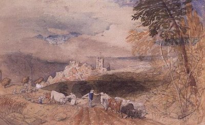 Pagórkowaty krajobraz z orką rolników (akwarela) autorstwa Samuel Palmer