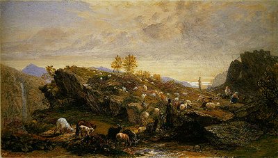 Rustykalne owce i kozy w skalistym krajobrazie (akwarela na ołówku wzmocniona gumą arabską na papierze) autorstwa Samuel Palmer