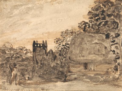 Domek kryty strzechą i kościół autorstwa Samuel Palmer