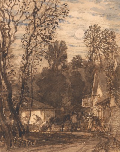 The Wayside Smithy (mycie ołówkiem i tuszem na papierze) autorstwa Samuel Palmer
