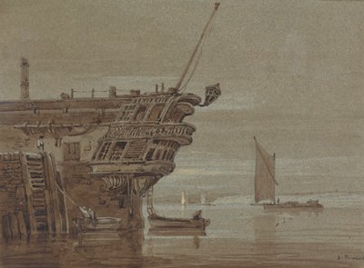 Zacumowany East Indiaman, małe łodzie obok, inne łodzie dalej autorstwa Samuel Prout