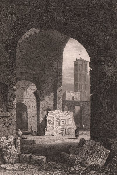 Świątynia Pokoju czyli Forum Wespazjana, Rzym, Lacjum, Włochy, staloryt na podstawie rysunku Samuela Prouta (1783-1852), ok. 15x115 cm autorstwa Samuel Prout
