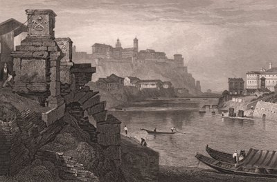 Rzeka Tyber na tle Awentynu, Rzym, Lacjum, Włochy, staloryt z rysunku Samuela Prouta (1783-1852), ok. 15x115 cm autorstwa Samuel Prout