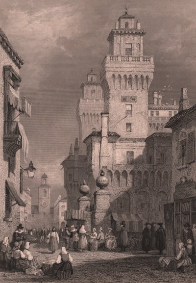 Widok Castello Estense, Ferrara, Emilia-Romania, Włochy, staloryt Johna Godfreya (ok. 1817-1889) według rysunku Samuela Prouta (1783-1852), ok. 26x17 cm, wydany przez Blackie and Son autorstwa Samuel Prout
