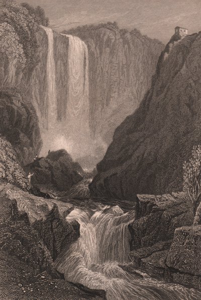 Widok wodospadu Marmore (Cascata delle Marmore) w pobliżu Terni, Umbria, Włochy, staloryt według rysunku Samuela Prouta (1783-1852), ok. 15x11,5 cm autorstwa Samuel Prout