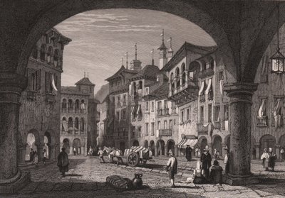 Widok rynku w Domodossola, Piemont, Włochy, staloryt na podstawie rysunku Samuela Prouta (1783-1852), ok. 16x11 cm autorstwa Samuel Prout