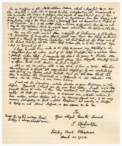 List Samuela Richardsona, 22 marca 1754 r. autorstwa Samuel Richardson