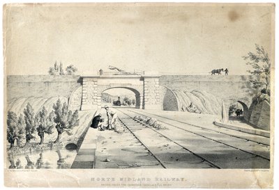 Most kolejowy North Midland pod kanałem Cromford w Bull Bridge, ok. 1840 r. (przyciemniana litografia na papierze) autorstwa Samuel Russell