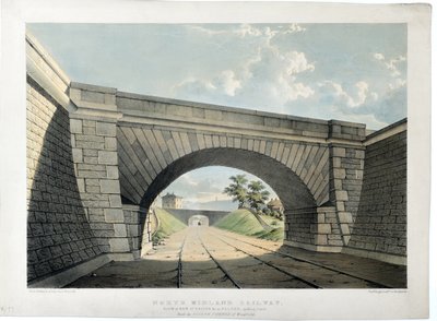Kolej North Midland. Widok na most New Street Bridge itp. w Belper, patrząc na południe, ok. 1840 r. (ręcznie kolorowana litografia na papierze) autorstwa Samuel Russell