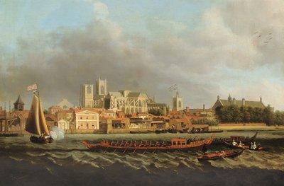 Widok na Westminster z Lambeth z królewską barką na pierwszym planie autorstwa Samuel Scott