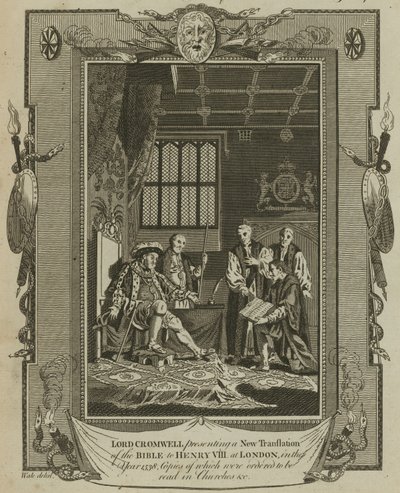 Lord Cromwell przedstawia nowe tłumaczenie Biblii królowi Henrykowi VIII w Londynie w roku 1538 autorstwa Samuel Wale