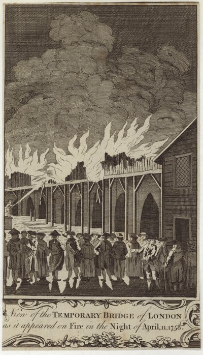 Widok tymczasowego mostu w Londynie, gdy płonął w nocy 11 kwietnia 1758 r. autorstwa Samuel Wale