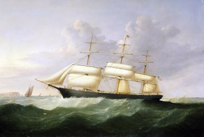 Statek "Palestine", z pełnymi żaglami, noszący banderę Stanów Zjednoczonych (USA) Ameryki, zbudowany w 1854 r., przeznaczony do transportu pasażerskiego na linii transatlantyckiej autorstwa Samuel Walters